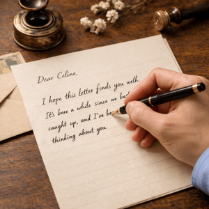 Hand writing a personal letter on lined paper with a fountain pen